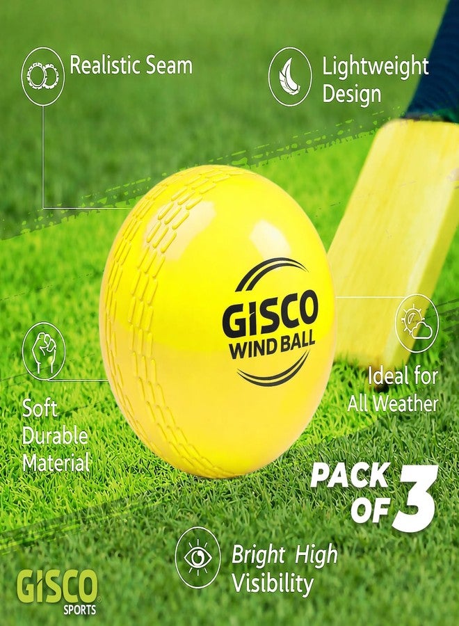 GISCO Synthetic Cricket Wind Balls Kit (Set of 3) | Yellow, Standard Size, Lightweight Practice Balls for Training, Coaching & Recreational Play - Image 2