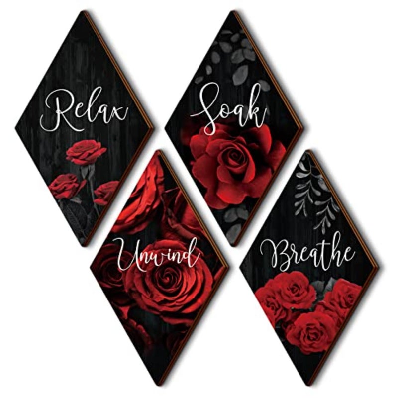 4 Pcs Red Rose Bathroom Wood Wall Decor Relax Soak Unwind Breathe Red and Black Bathroom Decor Rustic Red Sign Wall Decor Red Rose Canvas Wall Art for Living Room Home Decor Gift Rhombus - Image 1