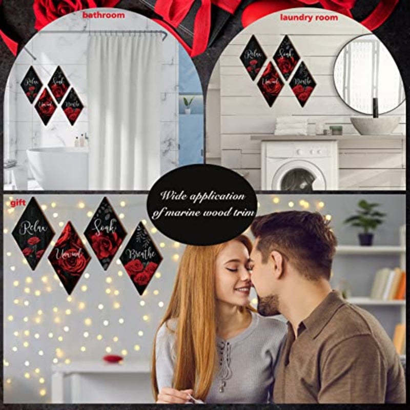 4 Pcs Red Rose Bathroom Wood Wall Decor Relax Soak Unwind Breathe Red and Black Bathroom Decor Rustic Red Sign Wall Decor Red Rose Canvas Wall Art for Living Room Home Decor Gift Rhombus - Image 4