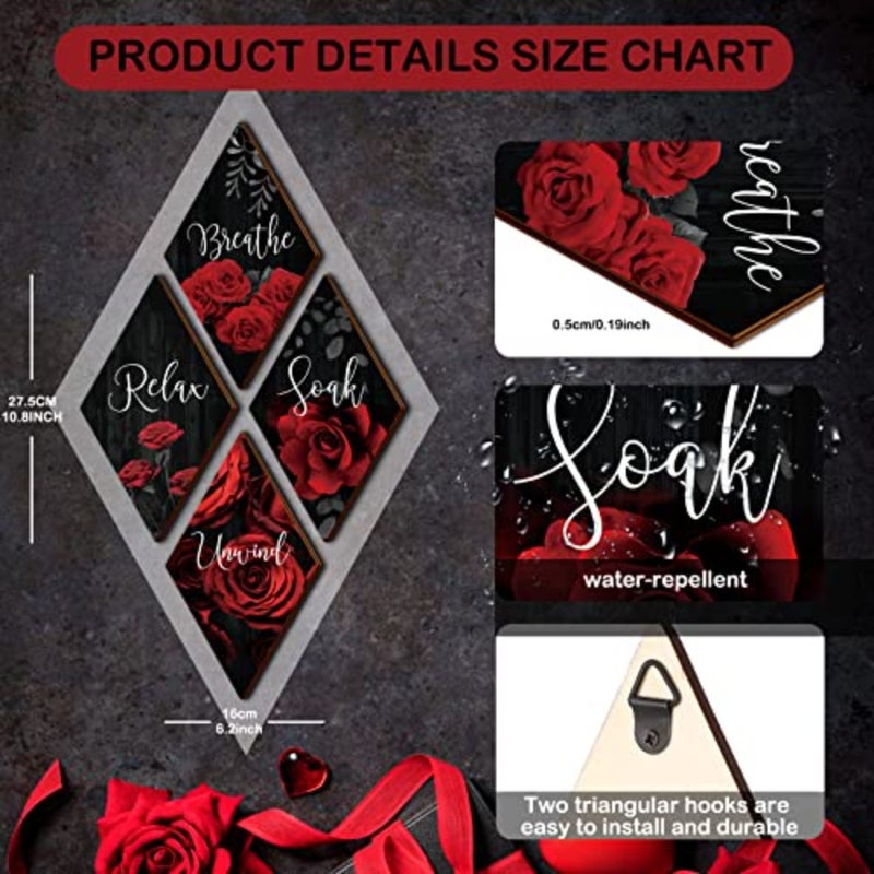 4 Pcs Red Rose Bathroom Wood Wall Decor Relax Soak Unwind Breathe Red and Black Bathroom Decor Rustic Red Sign Wall Decor Red Rose Canvas Wall Art for Living Room Home Decor Gift Rhombus - Image 2