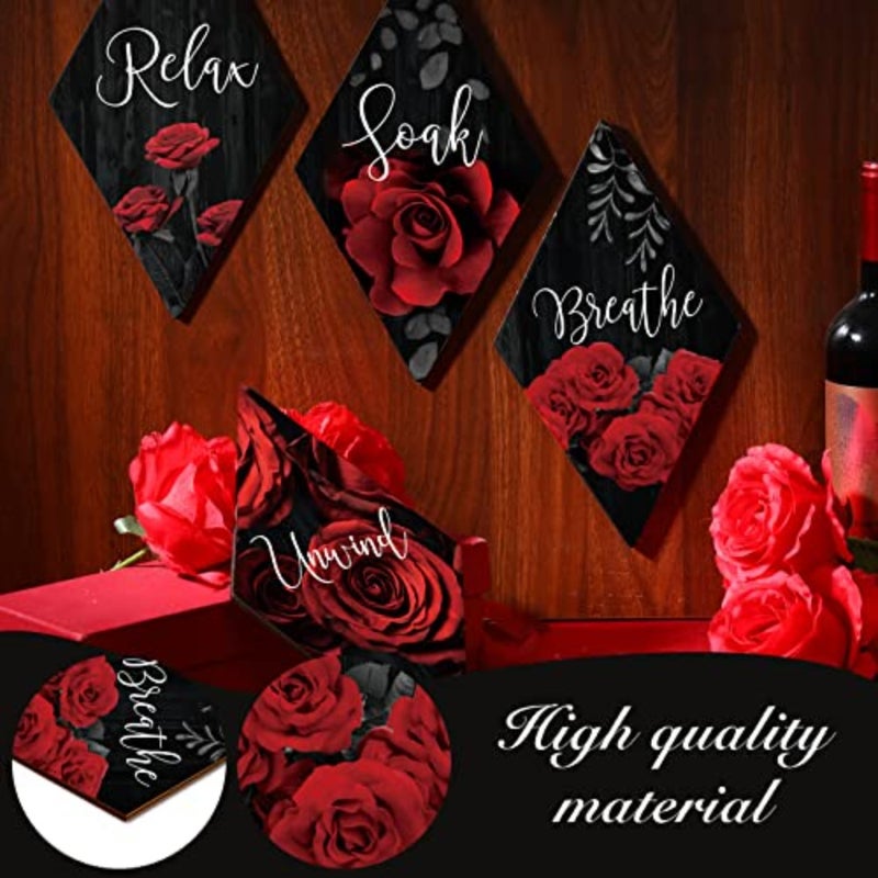 4 Pcs Red Rose Bathroom Wood Wall Decor Relax Soak Unwind Breathe Red and Black Bathroom Decor Rustic Red Sign Wall Decor Red Rose Canvas Wall Art for Living Room Home Decor Gift Rhombus - Image 3