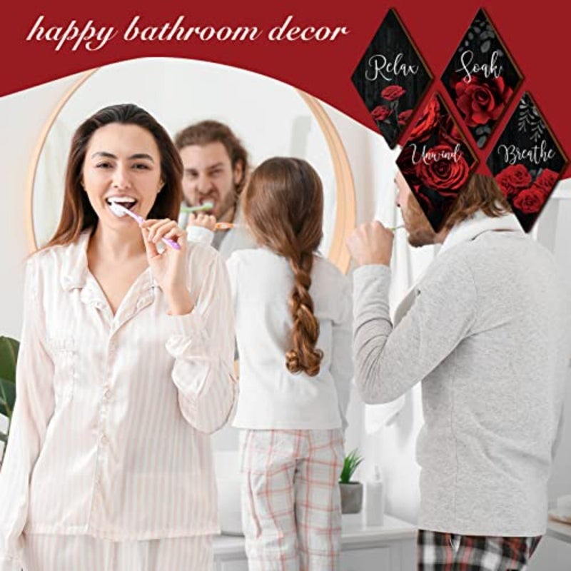 4 Pcs Red Rose Bathroom Wood Wall Decor Relax Soak Unwind Breathe Red and Black Bathroom Decor Rustic Red Sign Wall Decor Red Rose Canvas Wall Art for Living Room Home Decor Gift Rhombus - Image 5