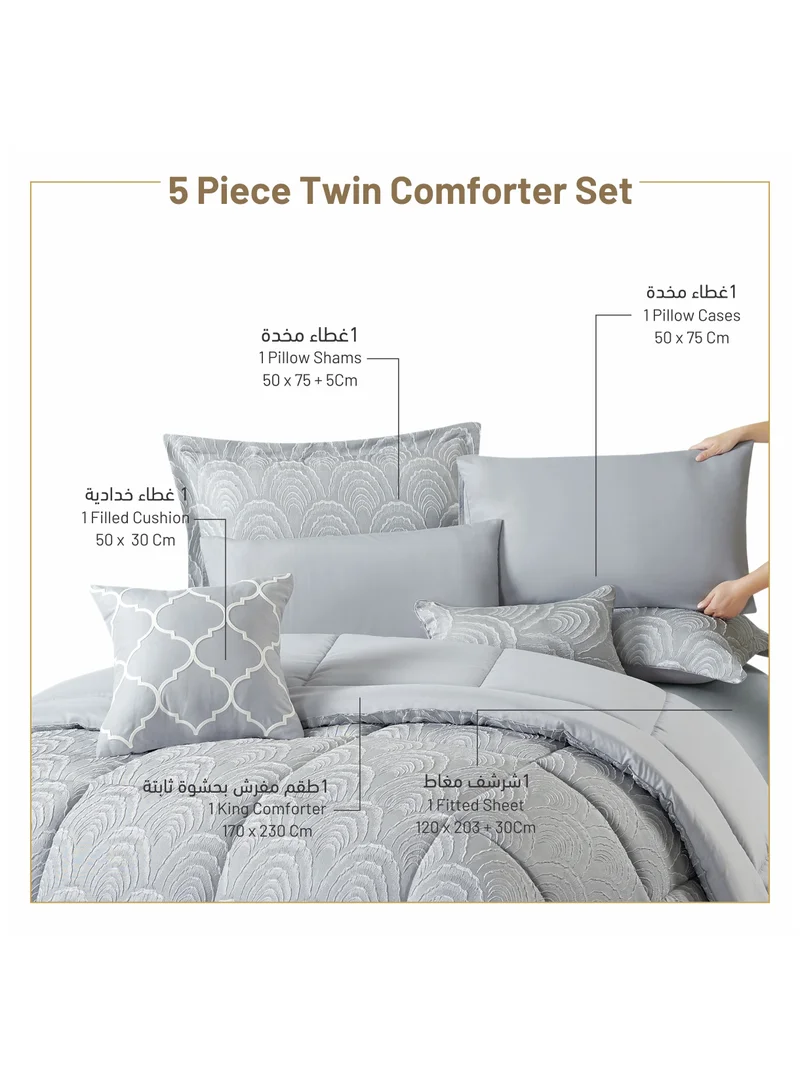 Donetella Hotel Bedding Comforter Set Single Size 5-Pcs Luxury And Stylish Quilted Comforter With Brushed Microfiber And Soft Down Alternative Filling,Grey