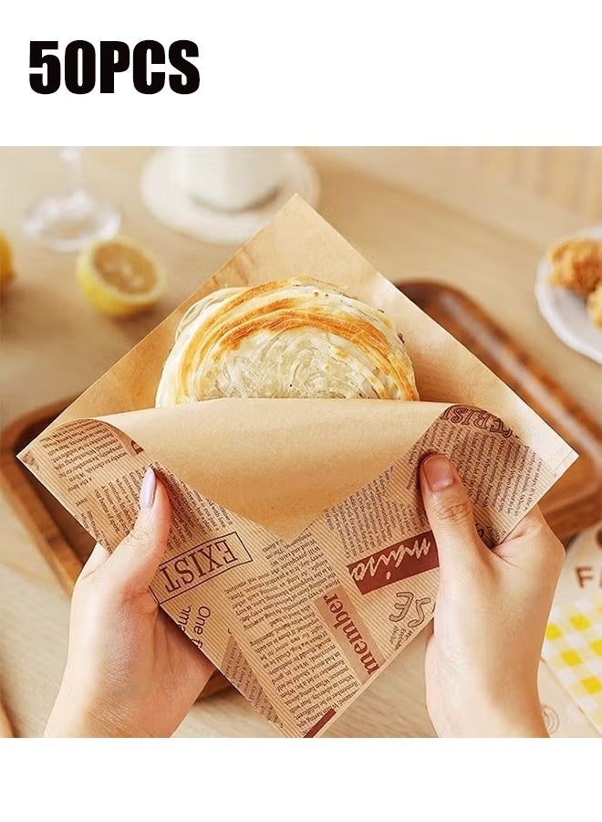 واي جيه أكياس تعبئة ورق حرفي من فئة 50 قطعة، حقائب خبز دونات أكياس تعبئة شطائر، زينة الزفاف أطعمة ورق مقاوم للدهن (18*18 سم) - Image 1