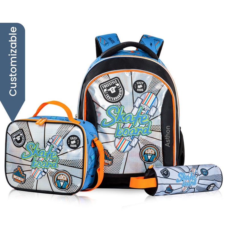 Eazy Kids - Personalized 17" Set of 3 Backpack w/Lunch Bag and Pencil Case - Skate Board - Image 1