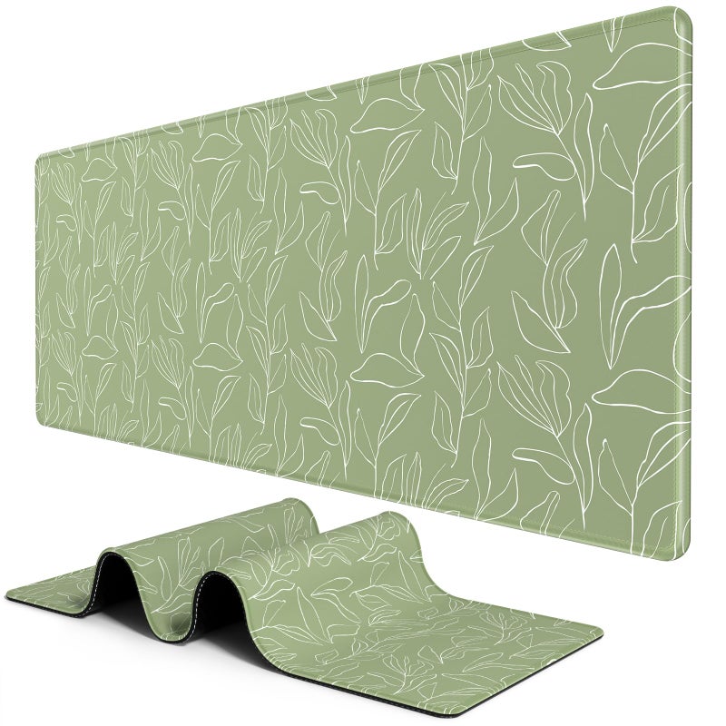 BOSOBO Large Desk Pad - XXL XL Extended Gaming Mouse Pad, Office & Home Mat, Long Keyboard Cover, Desktop Full Cover 31.5 x 11.8 Inches, Minimalist Green Leaf - Image 1
