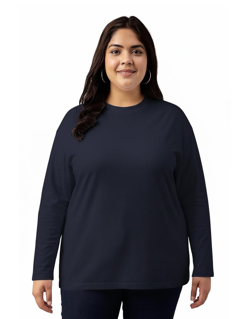 JUNEBERRY® Pure Cotton Oversized Baggy Fit Core Solid Full Sleeve Plus Size T-Shirt for Women & Girls (JB_PS_FS_NVY_XXL) - Image 1