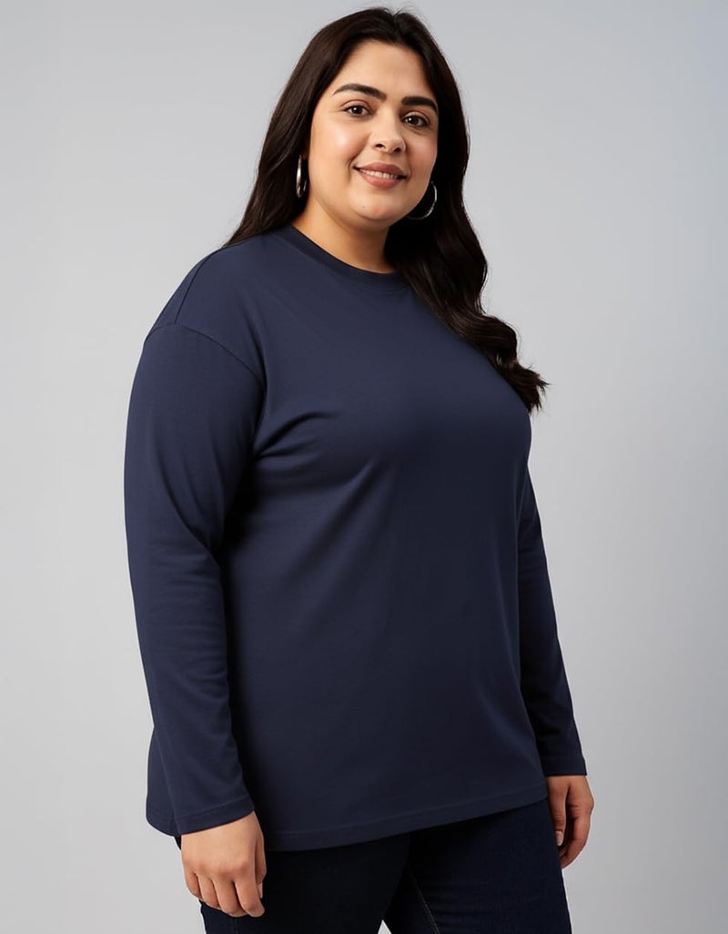 JUNEBERRY® Pure Cotton Oversized Baggy Fit Core Solid Full Sleeve Plus Size T-Shirt for Women & Girls (JB_PS_FS_NVY_XXL) - Image 3