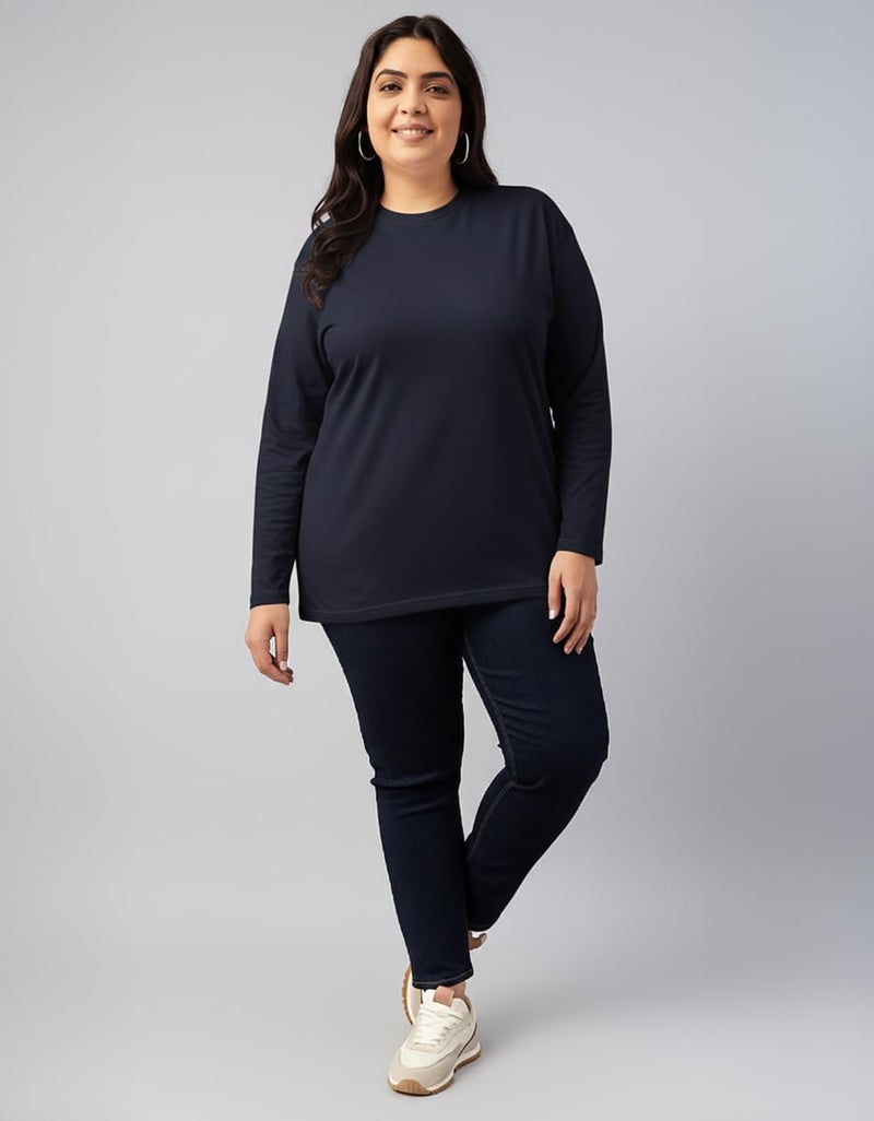 JUNEBERRY® Pure Cotton Oversized Baggy Fit Core Solid Full Sleeve Plus Size T-Shirt for Women & Girls (JB_PS_FS_NVY_XXL) - Image 5