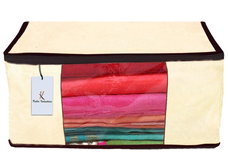 Kuber Industries Non Woven 3 Pieces Saree Cover and 2 Pieces Underbed Storage Bag Cloth Organizer for Storage Blanket Cover Combo Set Ivory CTKTC038513 - Image 5