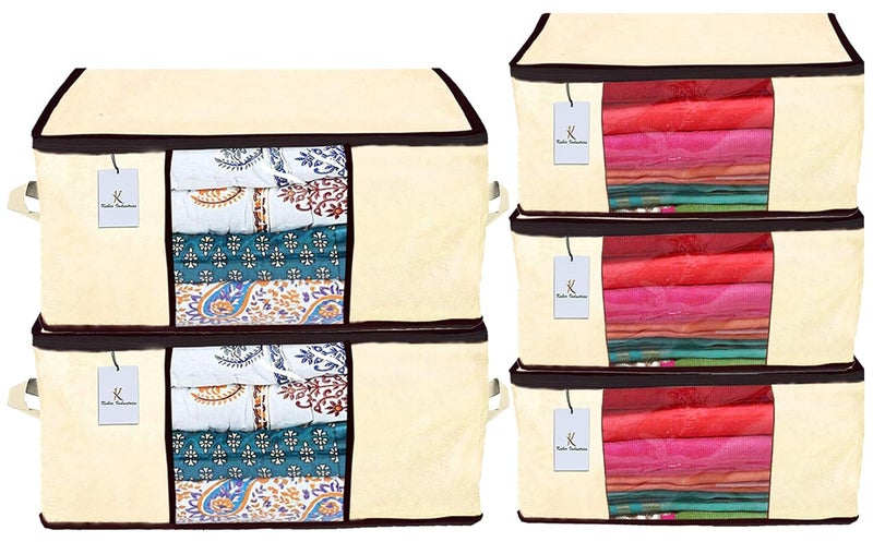 Kuber Industries Non Woven 3 Pieces Saree Cover and 2 Pieces Underbed Storage Bag Cloth Organizer for Storage Blanket Cover Combo Set Ivory CTKTC038513 - Image 1