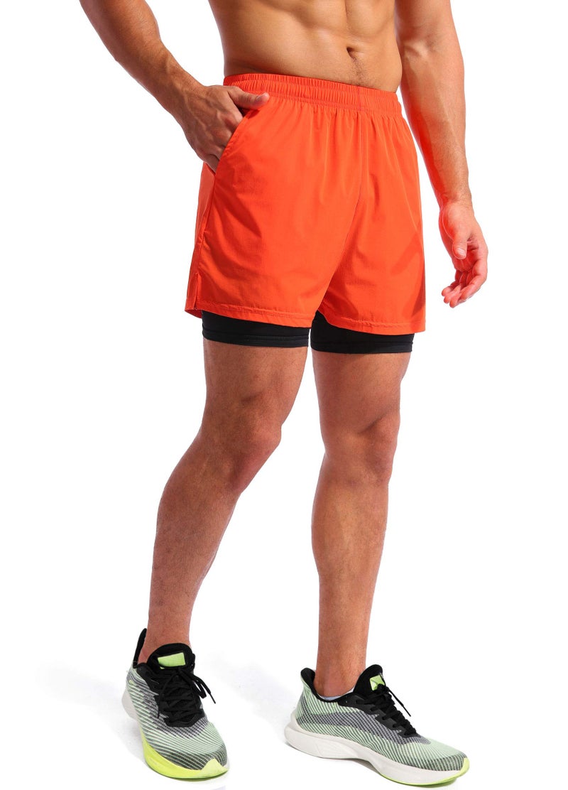 Pudolla Men’s 2 in 1 Running Shorts 5" Quick Dry Gym Athletic Workout Shorts for Men with Phone Pockets(Orange Red Medium) - Image 2