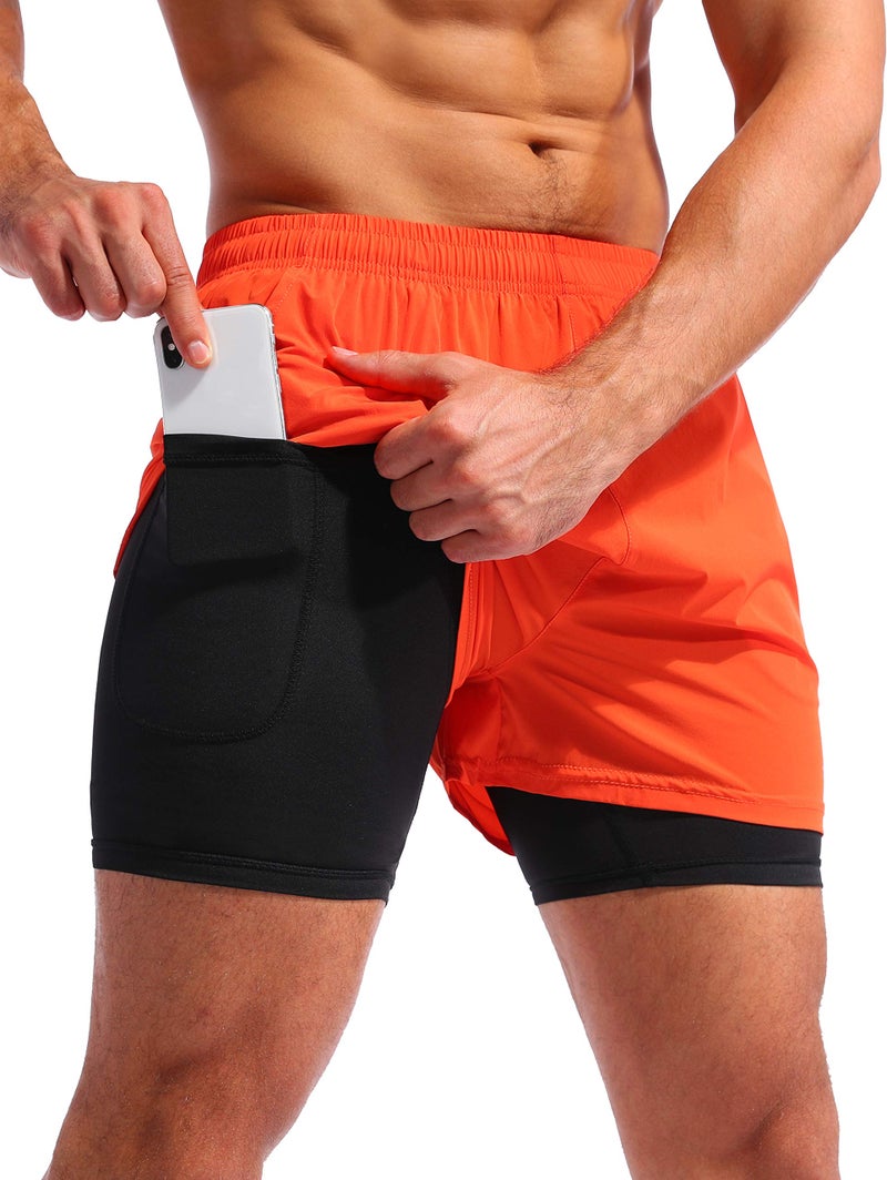 Pudolla Men’s 2 in 1 Running Shorts 5" Quick Dry Gym Athletic Workout Shorts for Men with Phone Pockets(Orange Red Medium) - Image 1