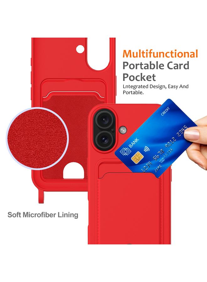 S-TOP Case For iPhone 16 Integrated Card Bag Solid Color Liquid Silicone Phone Case with Lanyard - Image 4