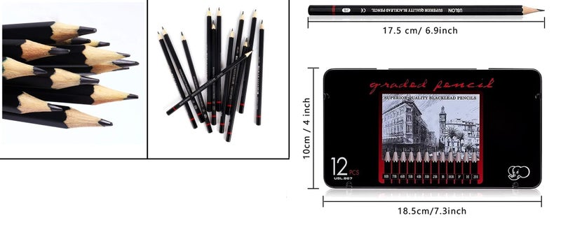 ChiggiWiggi ChiggiWiggi 12 Pcs Artist Graphite Drawing Pencil Set Ideal for Drawing, Sketching, Shading With Metal Case and 3 Pcs White Medium Charcoal Pencil For Drawing on Dark or Tinted Paper  - Image 3