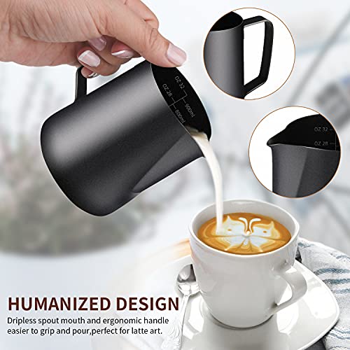iHeartYard Milk Frothing Pitcher, Stainless Steel Espresso Steaming Pitcher 320Z/900ML Coffee Milk Frother Cup with Decorating Art Pen for Espresso Machine, Milk Frother, Latte Art Black - Image 2
