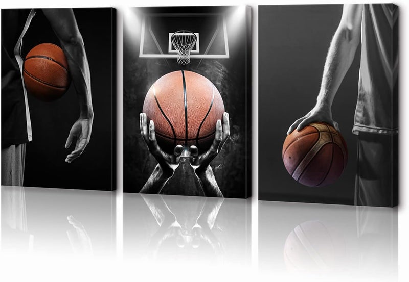 KAWAHONE -3 Pieces Basketball Art Prints Black and White Wall Art Antique Basketball and Low Angle View Basketball Hoop Sport Canvas Art for Bedroom Gym Room Decoration Boys Gift Framed-12x16inx3pc - Image 1