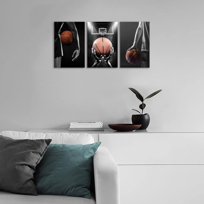 KAWAHONE -3 Pieces Basketball Art Prints Black and White Wall Art Antique Basketball and Low Angle View Basketball Hoop Sport Canvas Art for Bedroom Gym Room Decoration Boys Gift Framed-12x16inx3pc - Image 3