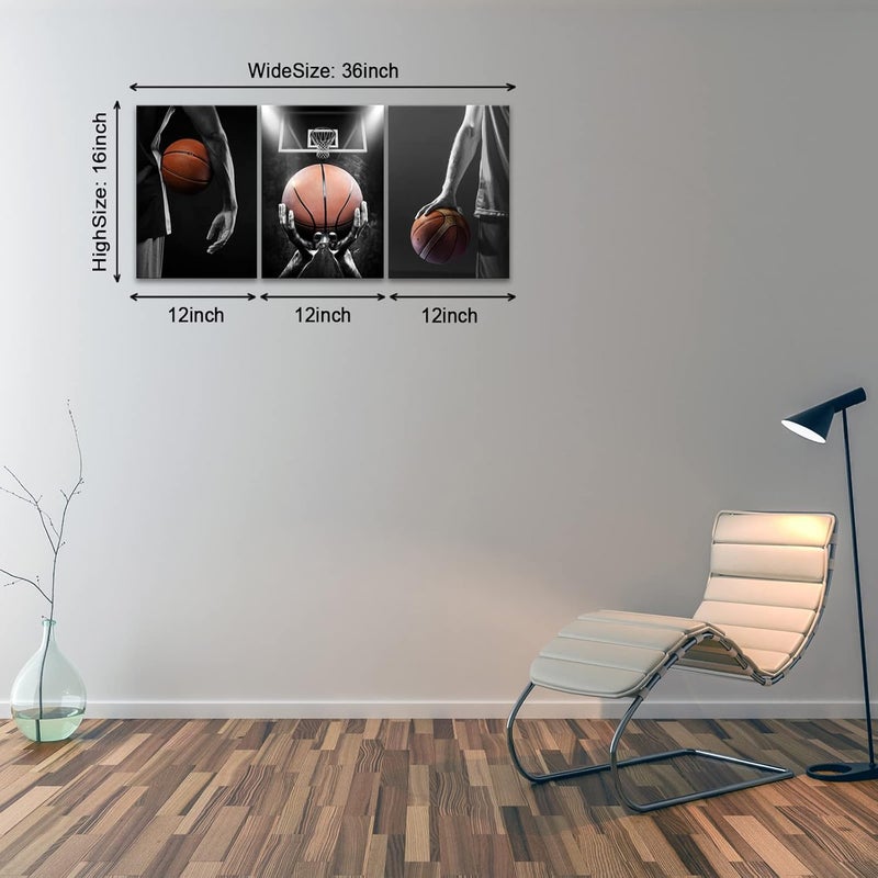 KAWAHONE -3 Pieces Basketball Art Prints Black and White Wall Art Antique Basketball and Low Angle View Basketball Hoop Sport Canvas Art for Bedroom Gym Room Decoration Boys Gift Framed-12x16inx3pc - Image 2