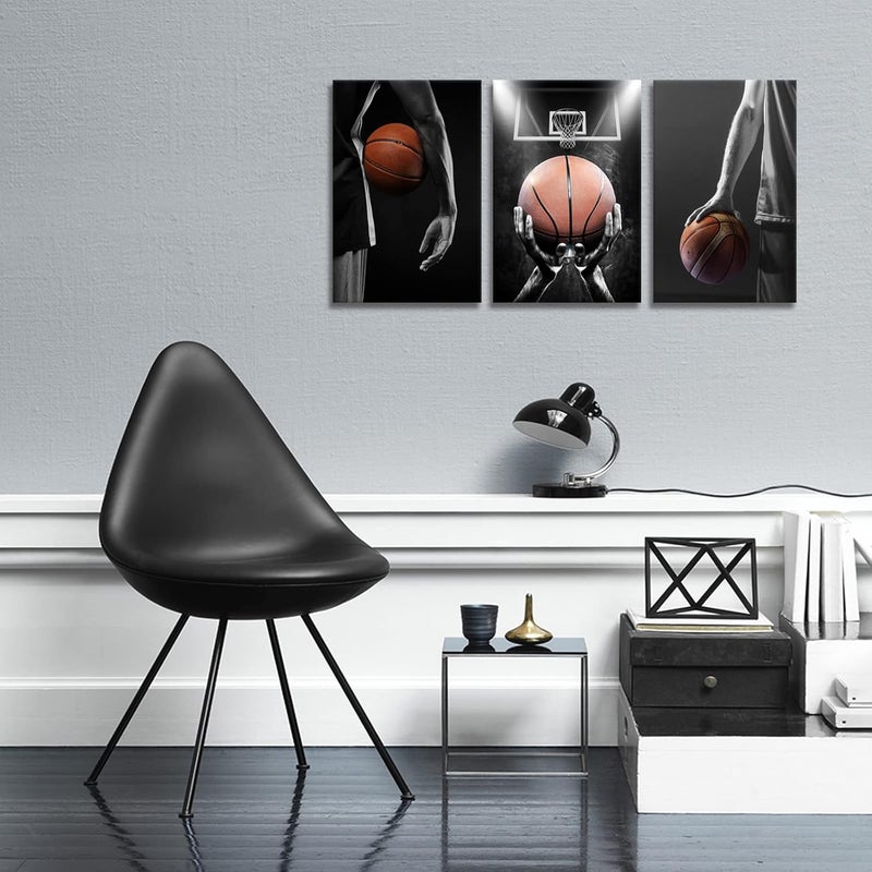 KAWAHONE -3 Pieces Basketball Art Prints Black and White Wall Art Antique Basketball and Low Angle View Basketball Hoop Sport Canvas Art for Bedroom Gym Room Decoration Boys Gift Framed-12x16inx3pc - Image 4