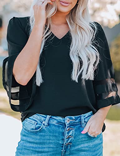 LookbookStore Women's Work Blouses Bell Sleeve Blouse for Women 2024 Black Blouse Tops for Women Casual Dressy Work Tops 3/4 Sleeve Blouse Business Casual Tops for Women Size Medium Size 8 10 - Image 3
