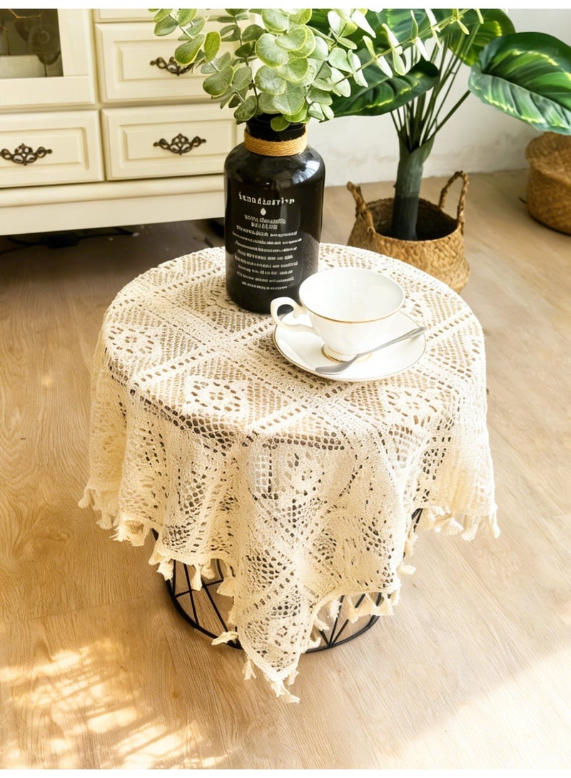 بيج الدانتيل Tassel القطن منشف الطاولة على الطراز الريفي غرفة المعيشة مطبخ طاولة الشاي غطاء ديكور للطاولة المستديرة الصغيرة طاولة القهوة ، 60x60 سم - Image 3