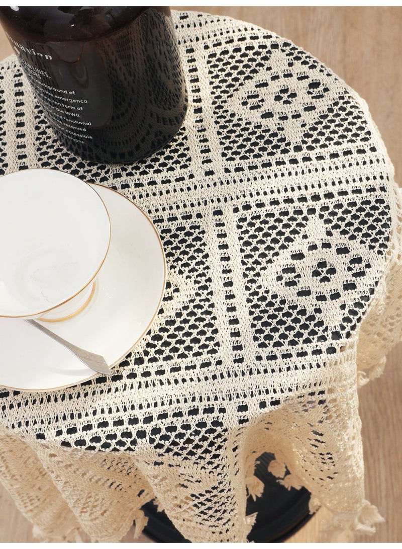 بيج الدانتيل Tassel القطن منشف الطاولة على الطراز الريفي غرفة المعيشة مطبخ طاولة الشاي غطاء ديكور للطاولة المستديرة الصغيرة طاولة القهوة ، 60x60 سم - Image 5