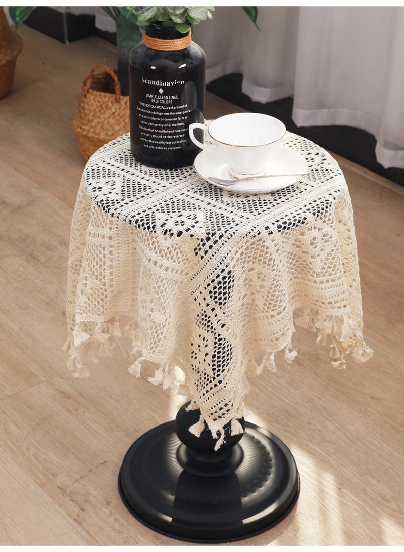بيج الدانتيل Tassel القطن منشف الطاولة على الطراز الريفي غرفة المعيشة مطبخ طاولة الشاي غطاء ديكور للطاولة المستديرة الصغيرة طاولة القهوة ، 60x60 سم - Image 2