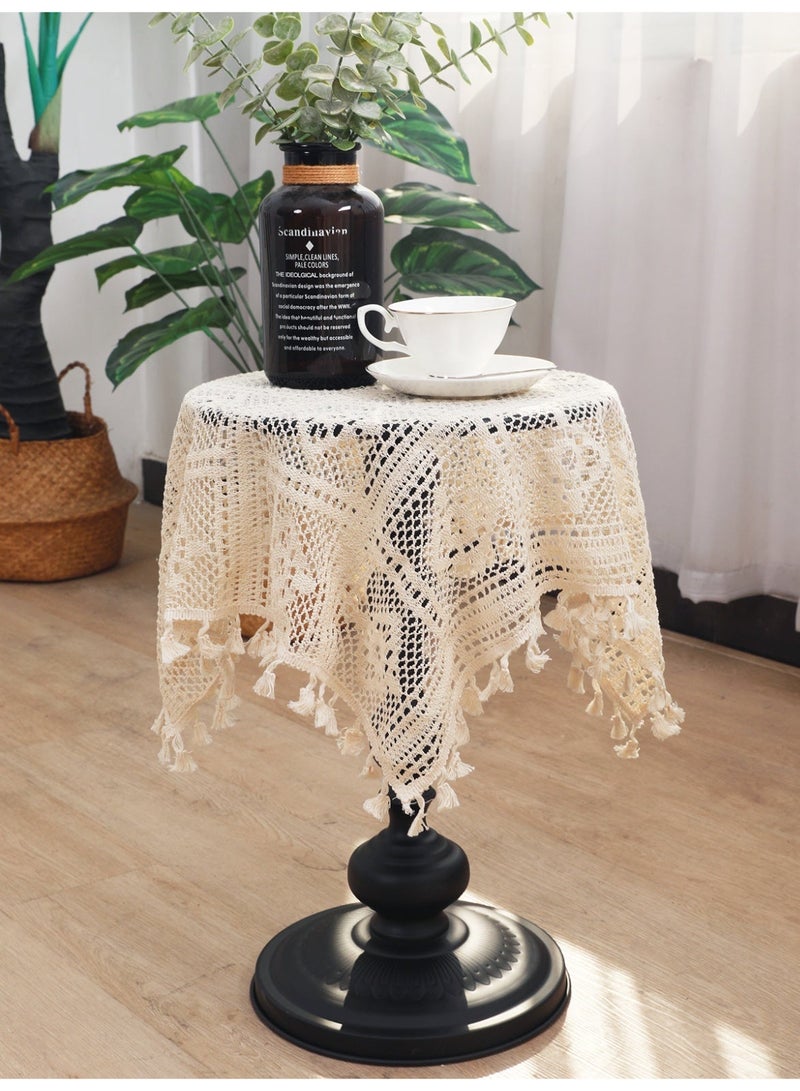 بيج الدانتيل Tassel القطن منشف الطاولة على الطراز الريفي غرفة المعيشة مطبخ طاولة الشاي غطاء ديكور للطاولة المستديرة الصغيرة طاولة القهوة ، 60x60 سم - Image 1