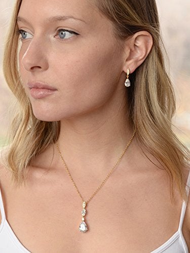 Mariell Bridal Wedding Necklace Earrings Set, 14K Gold Plating, CZ Crystal Pendant and Drop Earring for Brides, Bridesmaids - Image 4