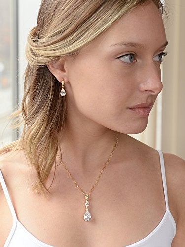 Mariell Bridal Wedding Necklace Earrings Set, 14K Gold Plating, CZ Crystal Pendant and Drop Earring for Brides, Bridesmaids - Image 3
