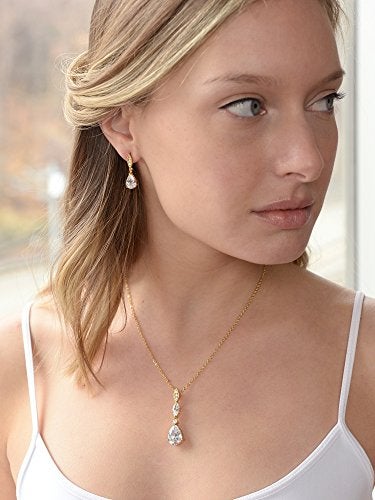 Mariell Bridal Wedding Necklace Earrings Set, 14K Gold Plating, CZ Crystal Pendant and Drop Earring for Brides, Bridesmaids - Image 2