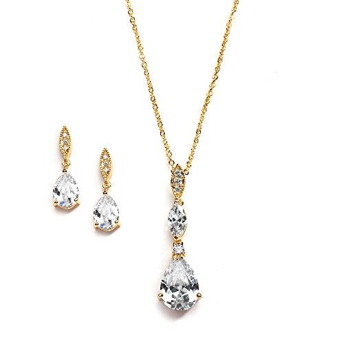 Mariell Bridal Wedding Necklace Earrings Set, 14K Gold Plating, CZ Crystal Pendant and Drop Earring for Brides, Bridesmaids - Image 1