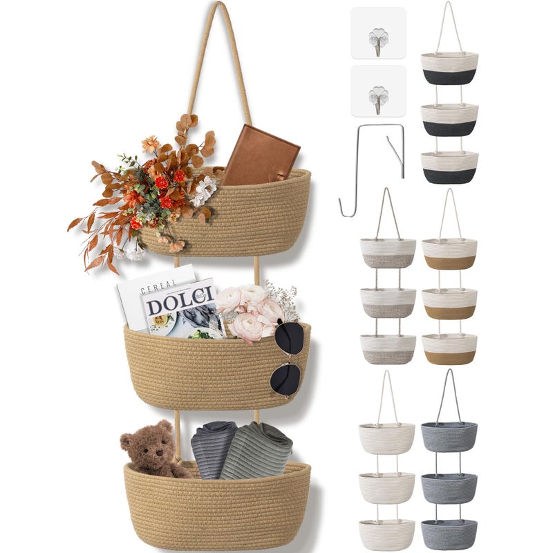 wymulot 3 Tier Wall Mounted Woven Hanging Basket, Over the Door Hanging Basket with Hooks, Decorative Storage Hanging Closet Removable, Large Wall Basket for Living Room, Bedroom, Kitchen (Brown) - Image 1