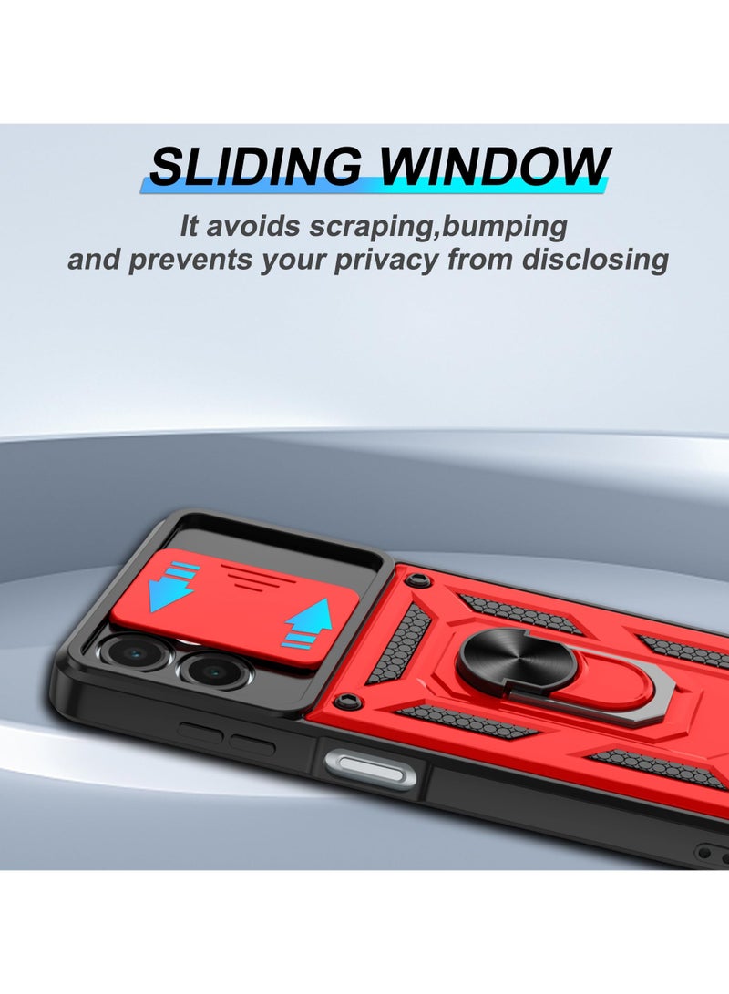 for Samsung Galaxy A06 4G Case Cover, Slide Camera Lens Cover, Magnetic Ring Holder Kickstand Protective Phone Case for Samsung Galaxy A06 4G, Red - Image 2