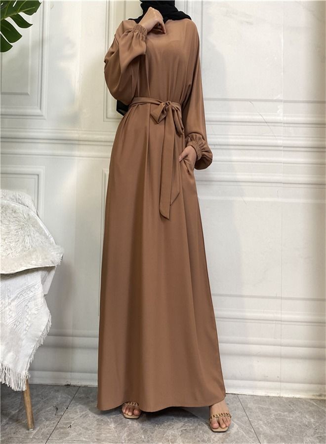 Loquat Casual Elegant Lace-Up Dress Abaya Brown  - Image 1