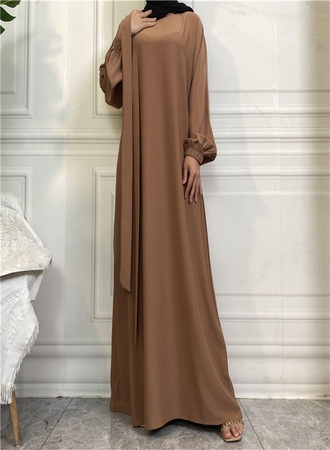 Loquat Casual Elegant Lace-Up Dress Abaya Brown  - Image 2