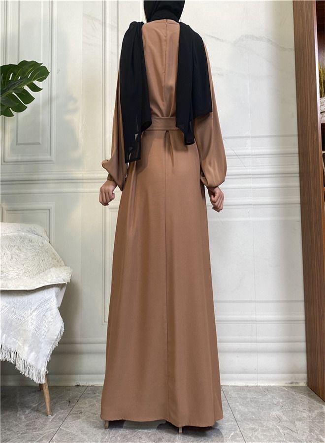 Loquat Casual Elegant Lace-Up Dress Abaya Brown  - Image 3