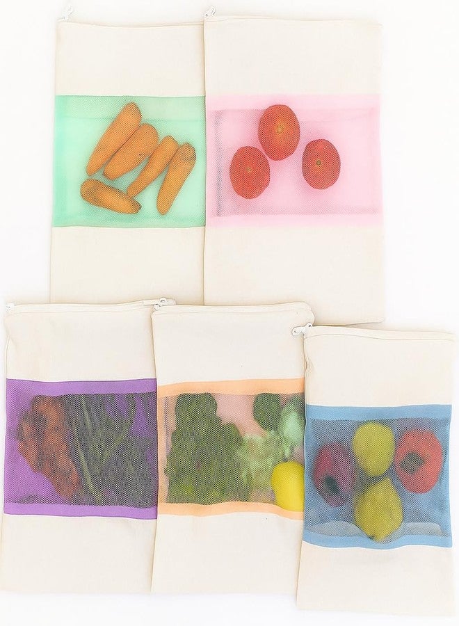 IKAA Cotton Storage/Grocery (Pack of 5) Fruits & Vegetable, Multipurpose Bags/Zipper Cotton with net (SIZE: 10 X 13 inches). - Image 2