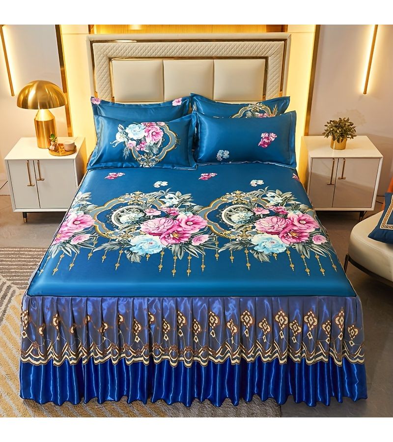 2pcs 3pcs Full Lace Hem Bed Skirt Jacquard Ice Mat Softness Comfort Folding Machine Wash Mattress Cover Bedding Bedroom Guest Room Single Double Multiple Sizes 1pc Bed Skirt 1pc 2pcs Pillowcases Without Core Dark Blue - Image 4