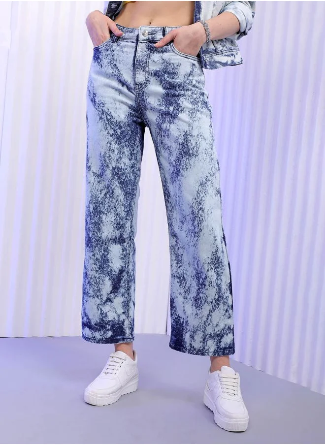 مرفوعة Women Wide Leg Solid High-Rise Jeans