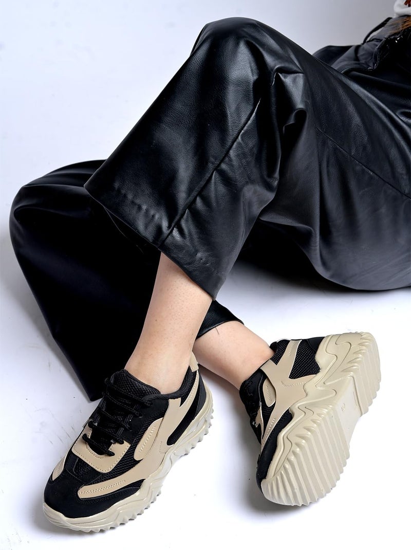 Shoetopia Chunky Platform Sneakers for Women – White Colorblock || Lace-Up Athletic Shoes with Wavy Sole Design Casual and Party EU36 - Image 5