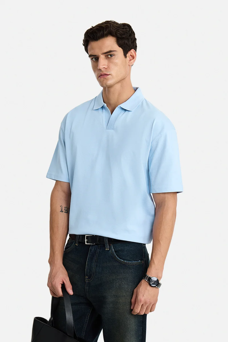 سنيتش Light Blue Solid Half Sleeve Oversized Casual T-Shirt