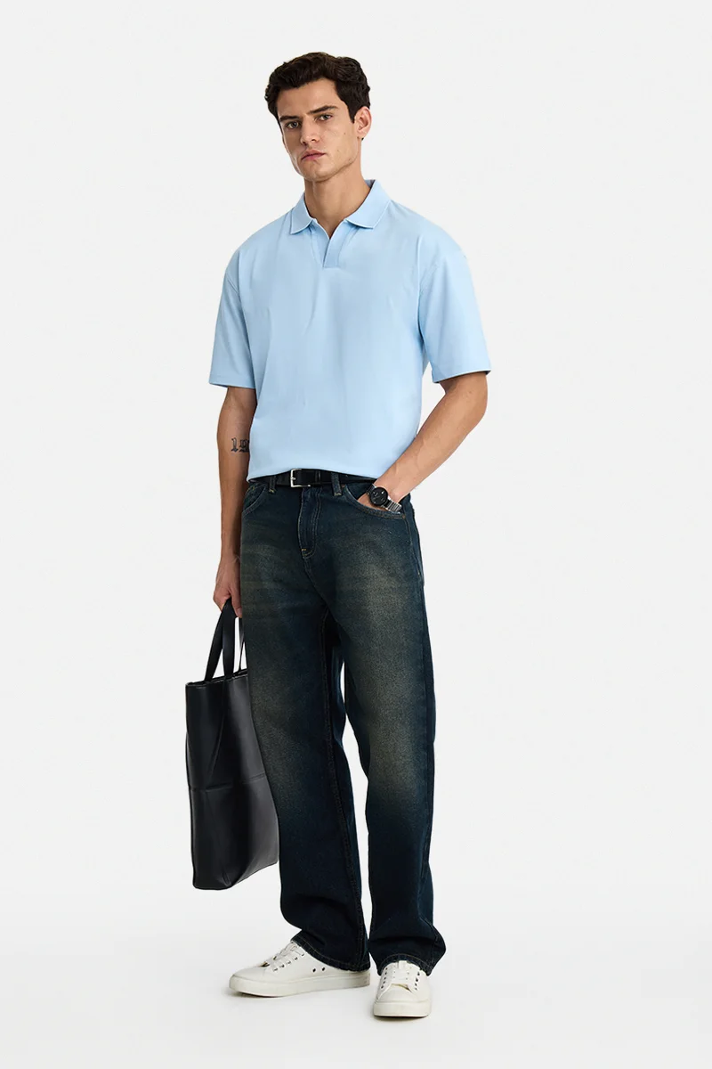 سنيتش Light Blue Solid Half Sleeve Oversized Casual T-Shirt