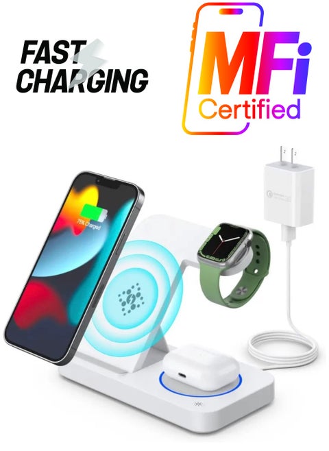 "3-in-1 Foldable Fast Charging Station – Wireless Charger Stand for Smartphone, Apple Watch, and AirPods"