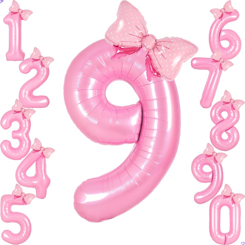 Florisland Pink 9 Balloon Number Pink Birthday Decorations for Girls, Bow Balloons Foil Mylar Large 40â€ 9 Birthday Balloon for Girls Bow Butterfly Coquette 9th Birthday Party Decorations(Number 9 balloons) - Image 1