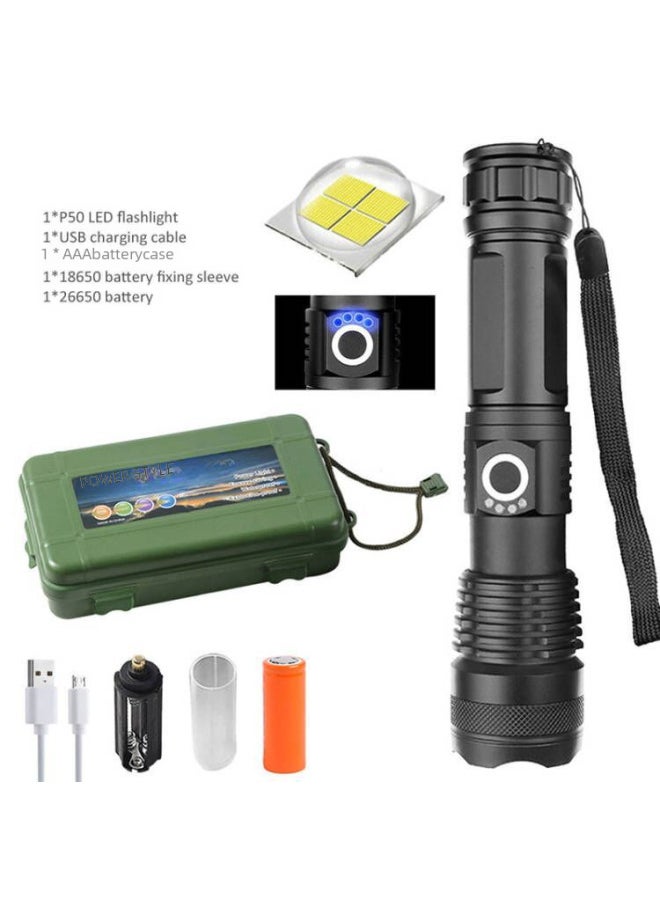 Generic P50 Charging Telescopic Aluminum Alloy Flashlight XHP50 Strong Light Flashlight Power Display USB-Color:P50 Flashlight + USB +26650 Lithium Battery  - Image 2