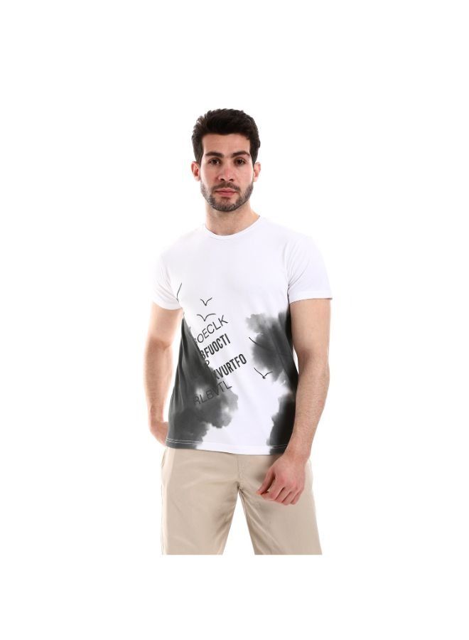 Pavone Short Sleeves Round Neck Self Patterned T-Shirt - White .  - Image 1