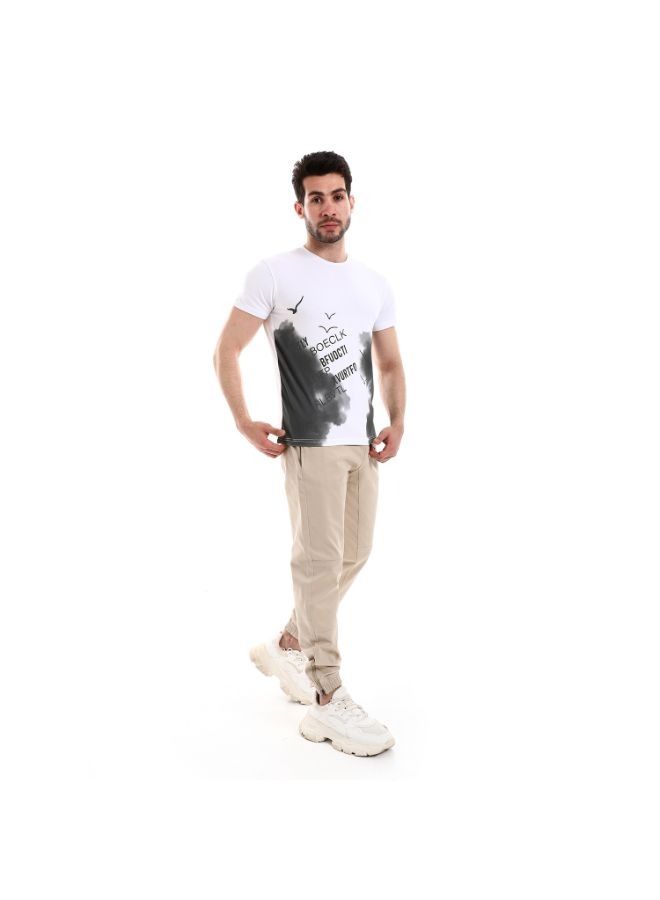Pavone Short Sleeves Round Neck Self Patterned T-Shirt - White .  - Image 5