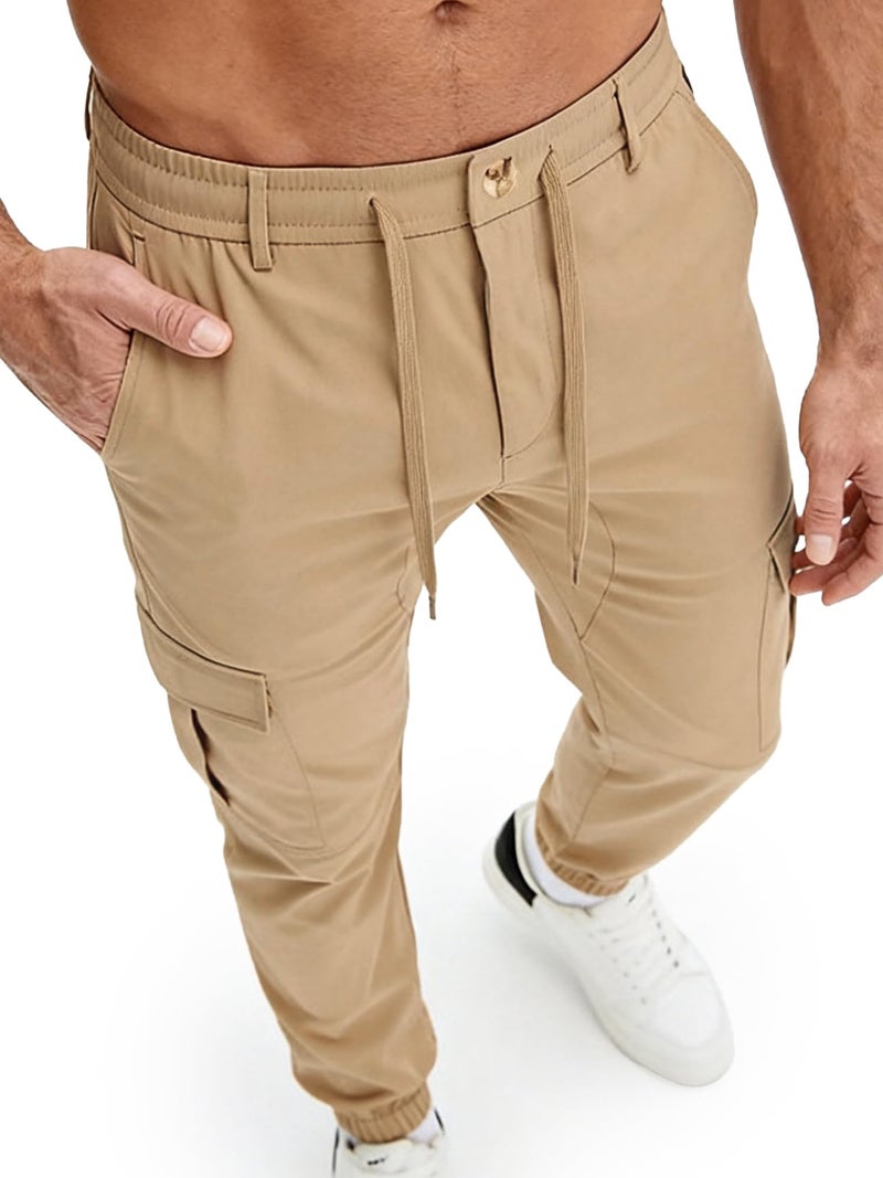 PLEPAN Mens Casual Cargo Joggers Drawstring Elastic Waist Tapered Work Pants Chino Slim Fit Fashion Hiking Workout Pants with 6 Pockets Khaki Large - Image 1